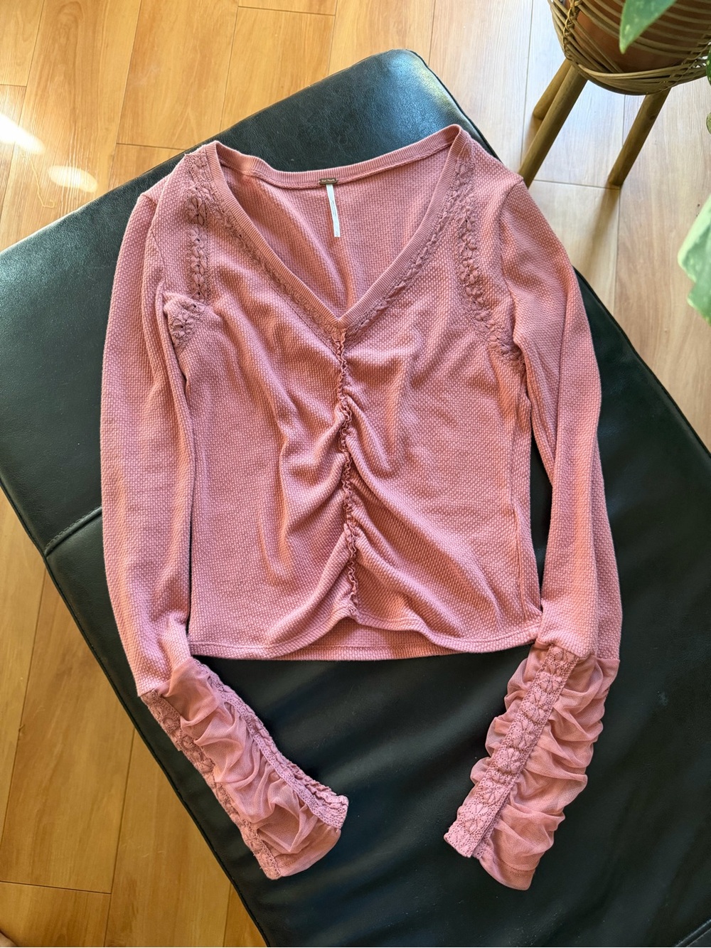 Free People Dusty Rose Ruched V-Neck Long Sleeve Top